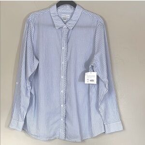 NWT Blue White Striped Womens Blouse button down ruffle detail Shirt XXL